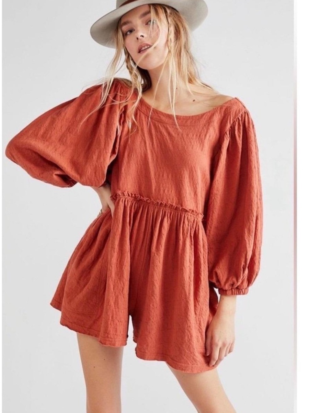 Women's Free People Beach Rust Balloon-Sleeve Linen Romper Top Size M
